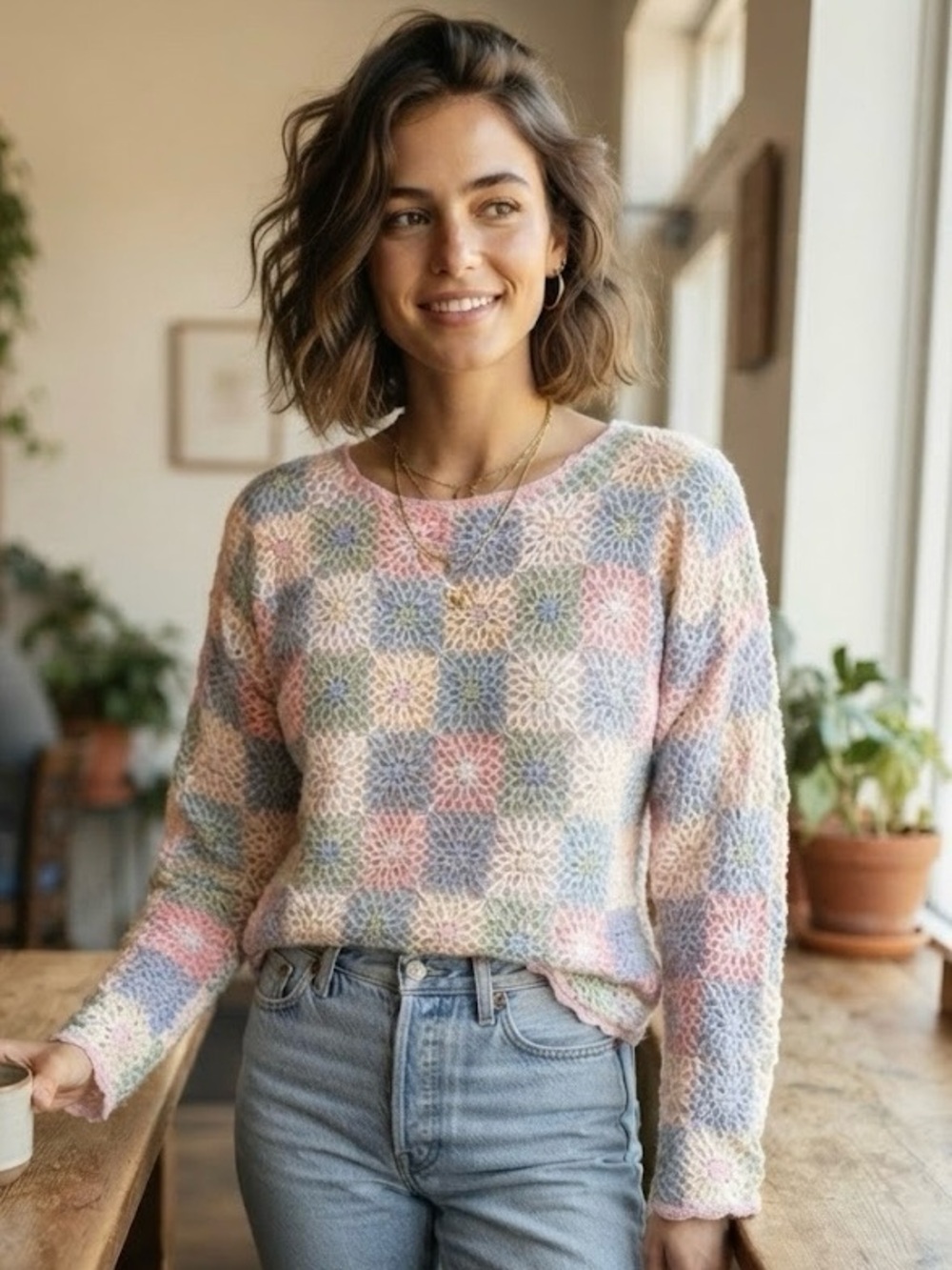 Shenanigans Hand Knitted Granny Square Pastel Crochet Long Sleeve Sweater